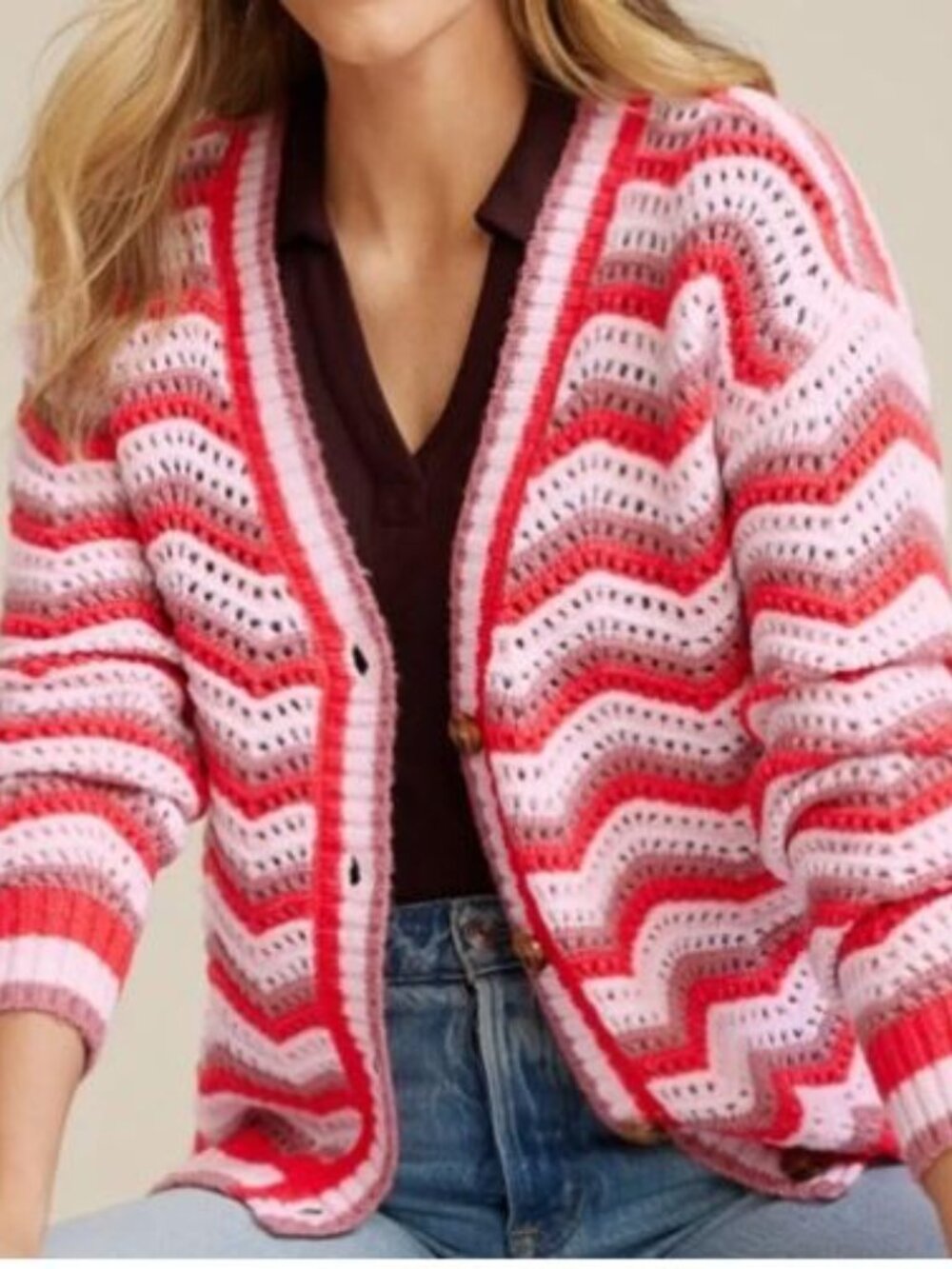 Maurices Crochet Knit Cardigan Sweater Pink Coral Zig Zag Size XL